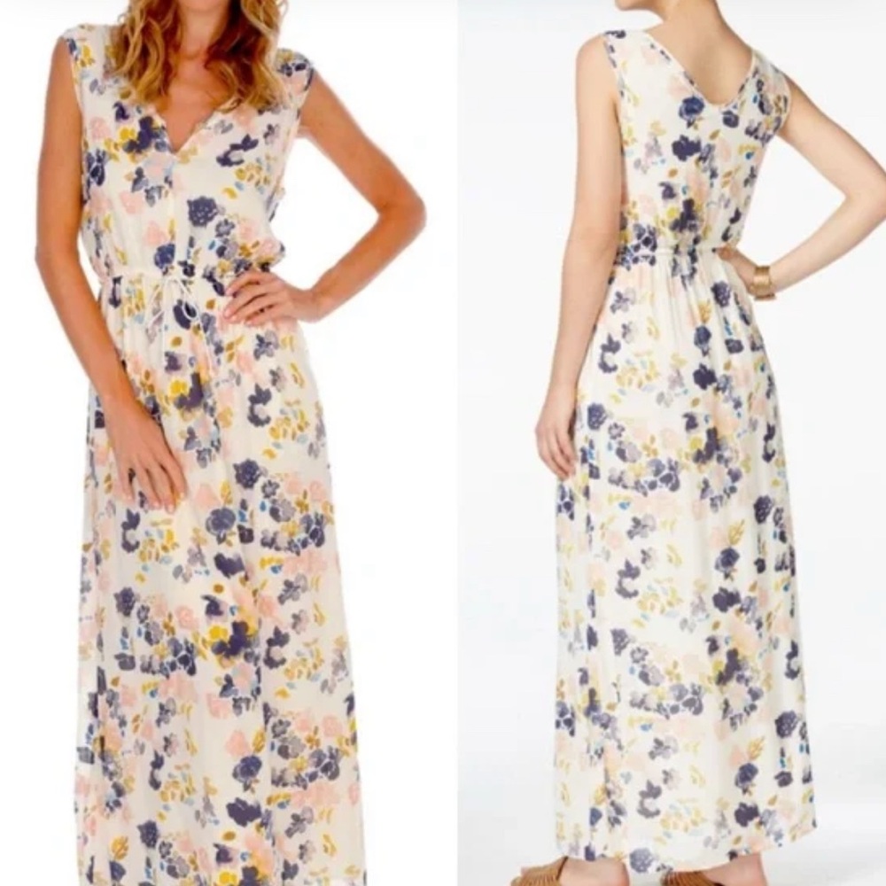 Lucky Brand Floral Maxi Dress in Cream, Navy & Yellow